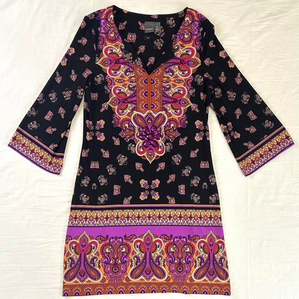 Muse Black Orange Purple Paisley Gemstone Mini Dress Flare Sleeve‎ Boho Hippie 8